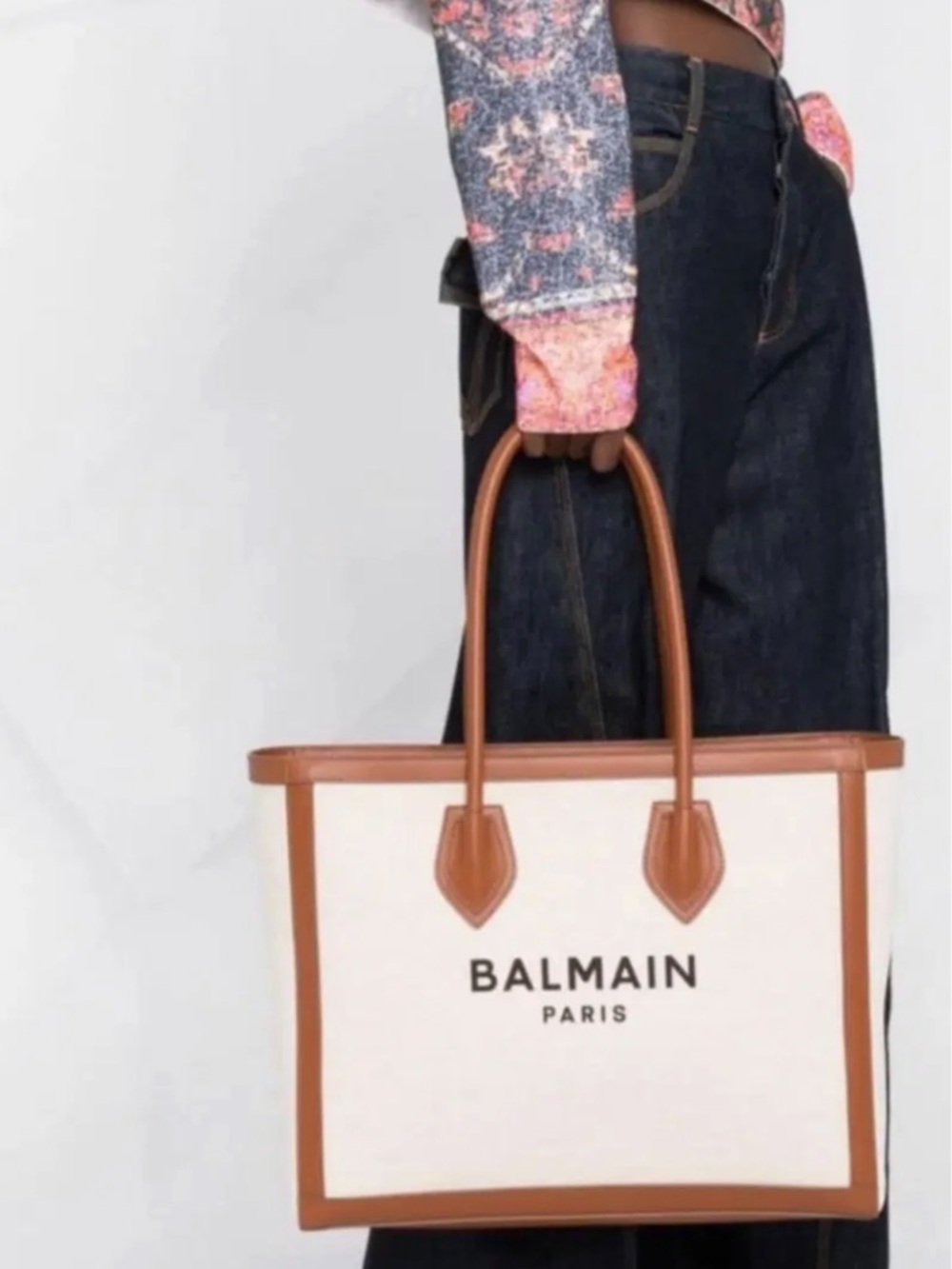 Balmain B Army Logo Beige Canvas Tote with Brown Leather Trim Authentic